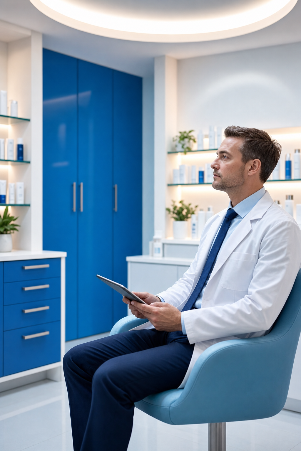 Dermatology professional in a modern clinic consultation room