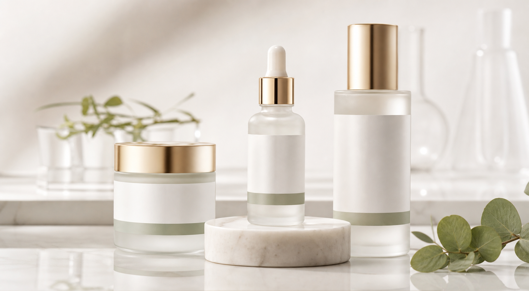 Premium skincare bottles in a clean clinic-grade product composition